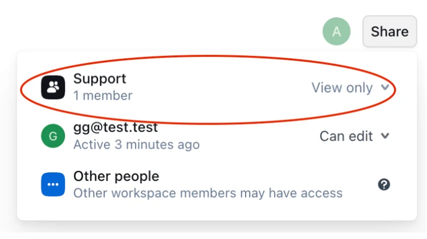 A screenshot of the share/document permissions functionality in Outline. The group &ldquo;Support&rdquo; was added by the &ldquo;gg@test.test&rdquo; user without having enough permissions for that action.